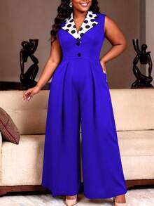 Chic Plus Size Jumpsuit With Polka Dot Collar Elegant Wide Leg Blue Playsuit For Summer Formal Event Office Work Wear - Blue - View 4