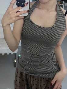 U-Neck Halter Slim-Fit Striped Camisole, Minimalist Versatile Layering Top For Women Casual Summer - Grey - View 5