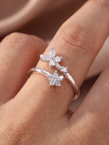 1pc Fashionable Silver Flower & Butterfly Open Ring, Niche Design Luxury Jewelry, Suitable For Date, Party, Work, And Daily Wear - Multicolor - View 1
