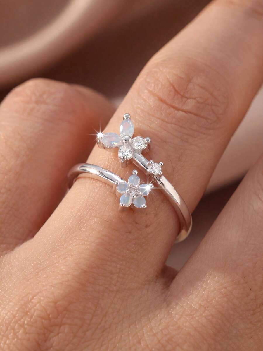 1pc Fashionable Silver Flower & Butterfly Open Ring, Niche Design Luxury Jewelry, Suitable For Date, Party, Work, And Daily Wear - Multicolor - View 1