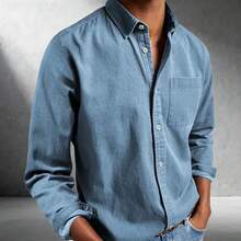 Men's Button Down Long Sleeve Shirt Solid Color Regular Fit Casual Business Shirt - 寶藍色 - 查看 2