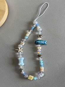 1 pieza Cordón para teléfono hecho a mano con cuentas de pez y estrella de océano azul, accesorio de encanto para teléfono fresco - Celeste - Ver 6