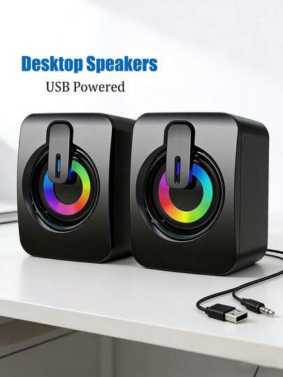 RGB LED 迷你 2.0 有线桌面音箱 | USB 供电，3.5mm AUX 接口，即插即用，音量可调，时尚迷你游戏娱乐音箱，适用于电脑、笔记本电脑、手机、平板电脑、MP3 播放器