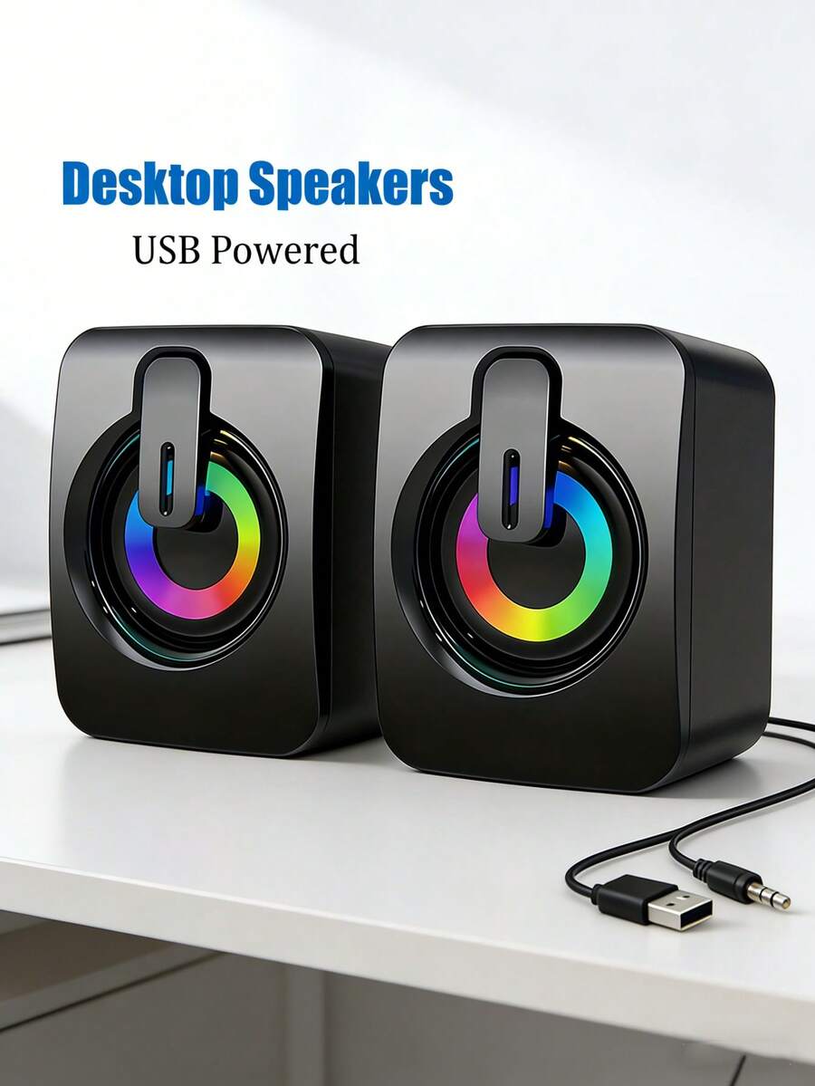 RGB LED 迷你 2.0 有线桌面音箱 | USB 供电，3.5mm AUX 接口，即插即用，音量可调，时尚迷你游戏娱乐音箱，适用于电脑、笔记本电脑、手机、平板电脑、MP3 播放器