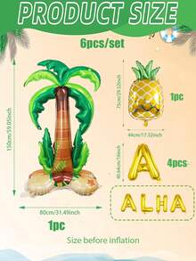 6pcs Coconut Pineapple Foil Balloon Set, Includes Green Oversized Standing Coconut Tree Foil Balloon, Letter Balloons, Green Leaf Pineapple, Suitable For Summer Theme, Birthday Party, Tropical Aloha Party Decoration - Multicolor - View 2