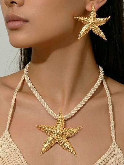 3pcs Vintage Gold Starfish Earrings, Braided Rope Necklace Set, Exaggerated Ocean Element Holiday Style Accessories, Bohemian Beach Outfit Jewelry For Women