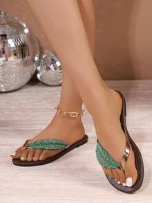New Feather & Rhinestone Decorated Women's Flat Sandals, Bohemian Style Beach Party Holiday PU Leather Rhinestone Embellished Flat Sandals For Summer - Green - View 6