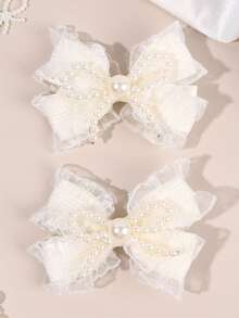 2pcs/Set Pinzas para el cabello con lazo de encaje y volantes, pinzas de cocodrilo con decoración de lazo de perlas falsas, accesorios dulces para el cabello adecuados para niñas en uso diario y fiestas de cumpleaños - Beis - Ver 6