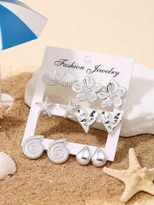 Bộ 12 bông tai bạc phong cách Bohemian chủ đề biển, mặt dây chuyền hình sao biển và vỏ sò, trang sức thời trang nghỉ dưỡng biển, món quà hoàn hảo cho người yêu biển và bạn gái, phụ kiện thời trang nữ. - Bạc - Xem 4