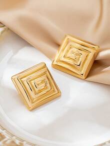 1 Pair Fashionable Geometric Asymmetrical Square Textured Earrings, Versatile For Women's Daily, Party, Gift - Yellow Gold - View 5