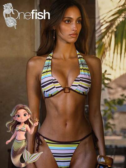  Onefish Striped Halter Triangle Bikini Top Wide Neck Tie Strap Adjustable Back Tie Deep V Neck Structured Cup Detail Center Square Ring Hardware Contrast Brown Binding Paired With Matching Tie Side Bikini Bottom Low Rise High Cut Leg Two Pieces Swimsuit Vacation Beach Summer