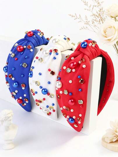 1pc Women's Solid Color Cute Retro Wide Twist Headband, 4th Of July American Independence Day Headband With Red Blue Contrast, Pearl & Rhinestone Decor, Holiday Hair Accessory Hair Band Diadema Hair Hoop,Travel,Birthday
