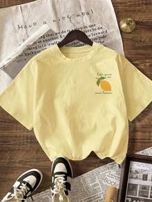 Lemonade 字母條紋印花春夏女款圖案 T 恤，女款休閒圓領短袖 T 恤 - 淡黃色 - 查看 2
