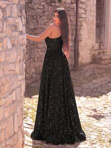 Faeriesty Elegante vestido de noche largo sin mangas para mujer, con bajo con abertura y lentejuelas brillantes para una elegancia lujosa, adecuado para alfombra roja, gala benéfica, boda, fiesta de lujo y otras ocasiones formales como recepción de boda, baile de máscaras, fiesta del jardín secreto, cena formal, evento de etiqueta negra, ceremonia de graduación y fiesta de cumpleaños, vestido formal de primavera/verano - Negro - Ver 2