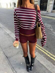 Nuovo maglione lavorato a maglia di alta gamma con colori a contrasto per donna, design asimmetrico a collo a righe, pullover all'uncinetto, maniche lunghe a costine in morbido filato, vestibilità slim, casual ed elegante, adatto per primavera/estate, San Valentino, uscite, vacanze, ufficio, pendolarismo, casual urbano, vacanze estive in spiaggia - Multicolore - Visualizzare 4
