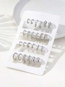 24pcs/Set Minimalist Crystal Stud Hoop Earrings, Fashion Jewelry Set For Women, Casual, Date, Holiday, Gift For Couples - 銀色 - 查看 3
