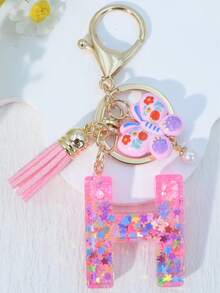 1pc Resin Letter Keychain With Butterfly & Pearl Decor, Minimalist Bag Charm, Holiday Gift For Women A-Z - Baby Pink - View 15