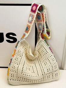 Handmade Crochet Grandmother Plaid Shoulder Bag, Colorful 3D Floral Woven Tote Bag, Bohemian Style Beach Bag, Hollow Knitted Vintage Bag, Dopamine Outfit Bag, Handwoven Bag, Large Capacity Underarm Bag For Summer, Elegant Crochet Handbag, Atmospheric Travel & Photo Prop Bag - Multicolor - View 10