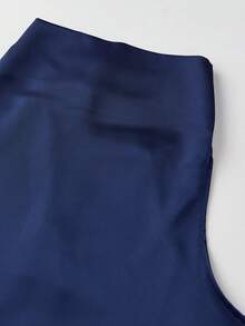 Women's Satin Halter Tank Tops Solid Color Sleeveless Draped High Neckline Vest For Party - Blue - View 8