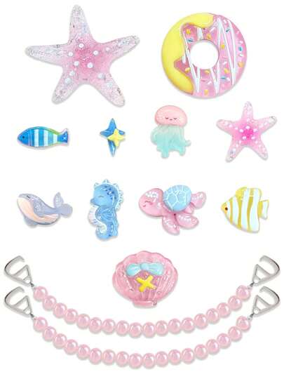 13个粉色和蓝色海洋甜甜圈鞋饰，粉色、蓝色、黄色树脂滴胶装饰，甜美少女风鞋花，适合洞洞鞋