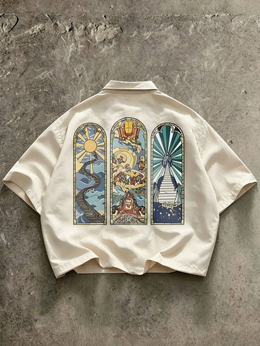 FRACTYR 男士夏季休闲宽松短袖梭织衬衫，复古三联数码印花，时尚百搭 - 白色 - 查看 1