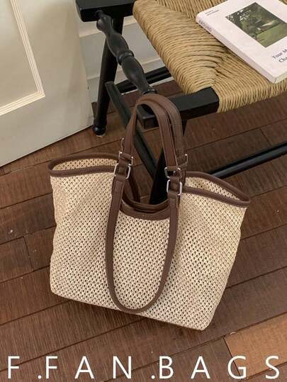 26 Styles Spring Korean 2 Pieces Woven Shoulder Bags, Cotton Rope Straw Braid Large Capacity Casual Minimalist