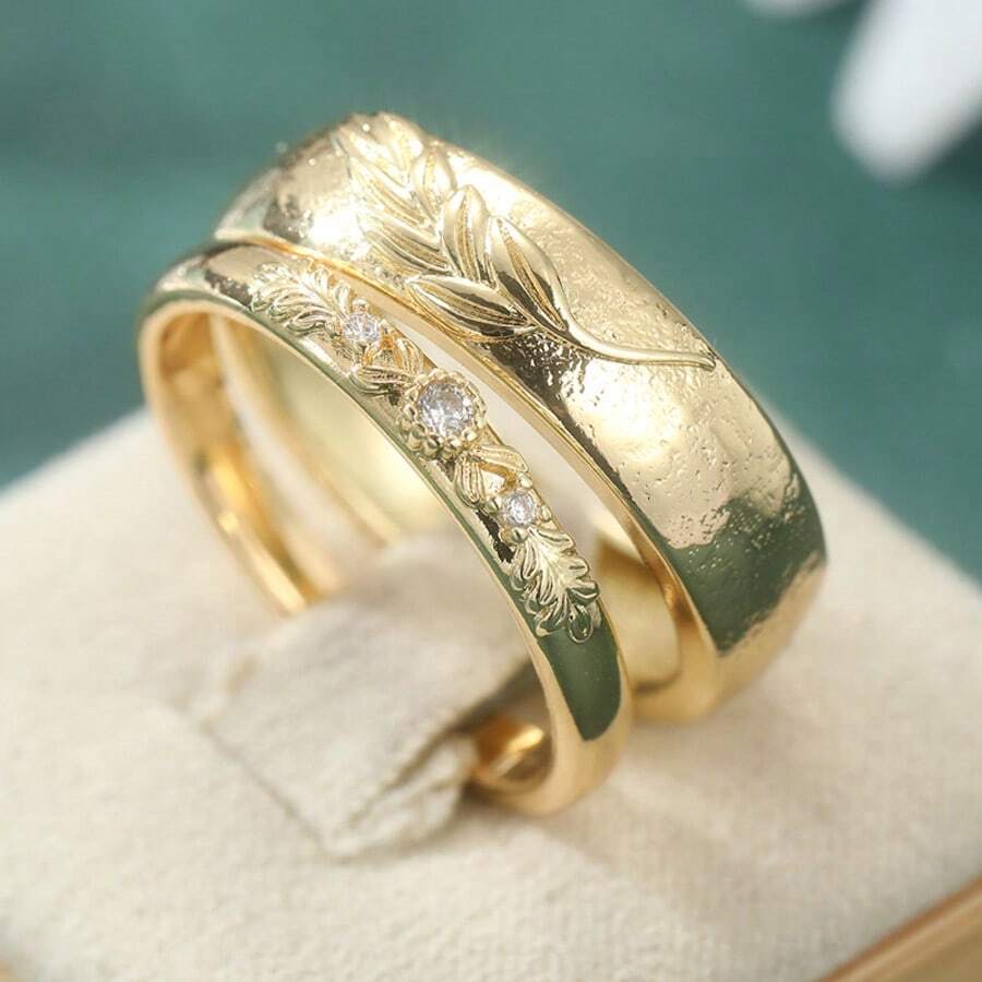 Bộ 2 chiếc nhẫn nữ thiết kế lá cây thời trang và thanh lịch, đính đá zirconia tổng hợp, thích hợp làm nhẫn đính hôn hoặc nhẫn cưới. - Vàng - Xem 1