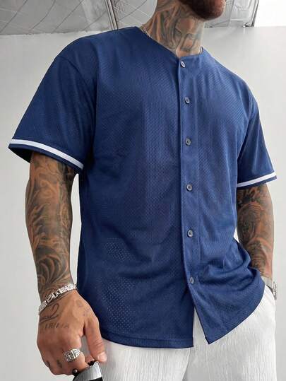  FRACTYR 男士复古靛蓝色网眼透气棒球领短袖开衫，宽松休闲美式夏季衬衫
