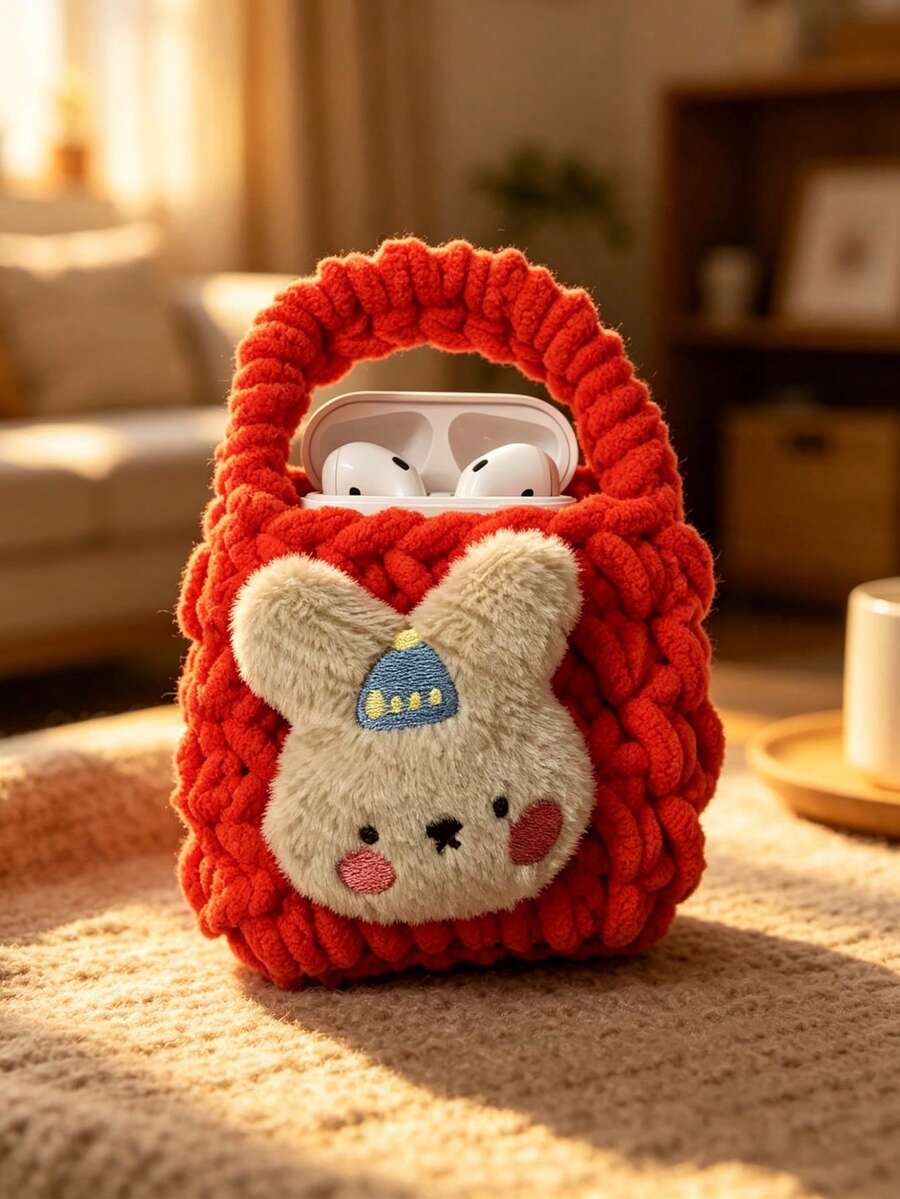 1pc Cute Rabbit Plush Knitted Earphone Storage Case, Bracelet Storage Bag, Handmade Protective Pouch, Anti-Drop Earphone Bag (Girl Version) - Multicolor - View 1