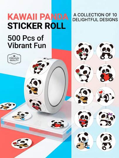 1Roll(500Pcs) Cartoon Encouraging Panda Tape Roll Sticker 2.5cm/1.0'' 8 Round Designs Party Favors Art Decals Adorning Perfect For Various Home Decoration Stationery Labels Gift Sealing&Packaging Supplies