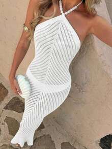 Women's Faux Pearl Decor Camisole Dress, Lace-Up Blue Loose Dress, Bohemian Style Bodycon Pencil Dress. Suitable For Beach Outings, Casual Vacation, Music Festivals, Beach Parties, And Cocktail Events Summer - 白色 - 查看 4