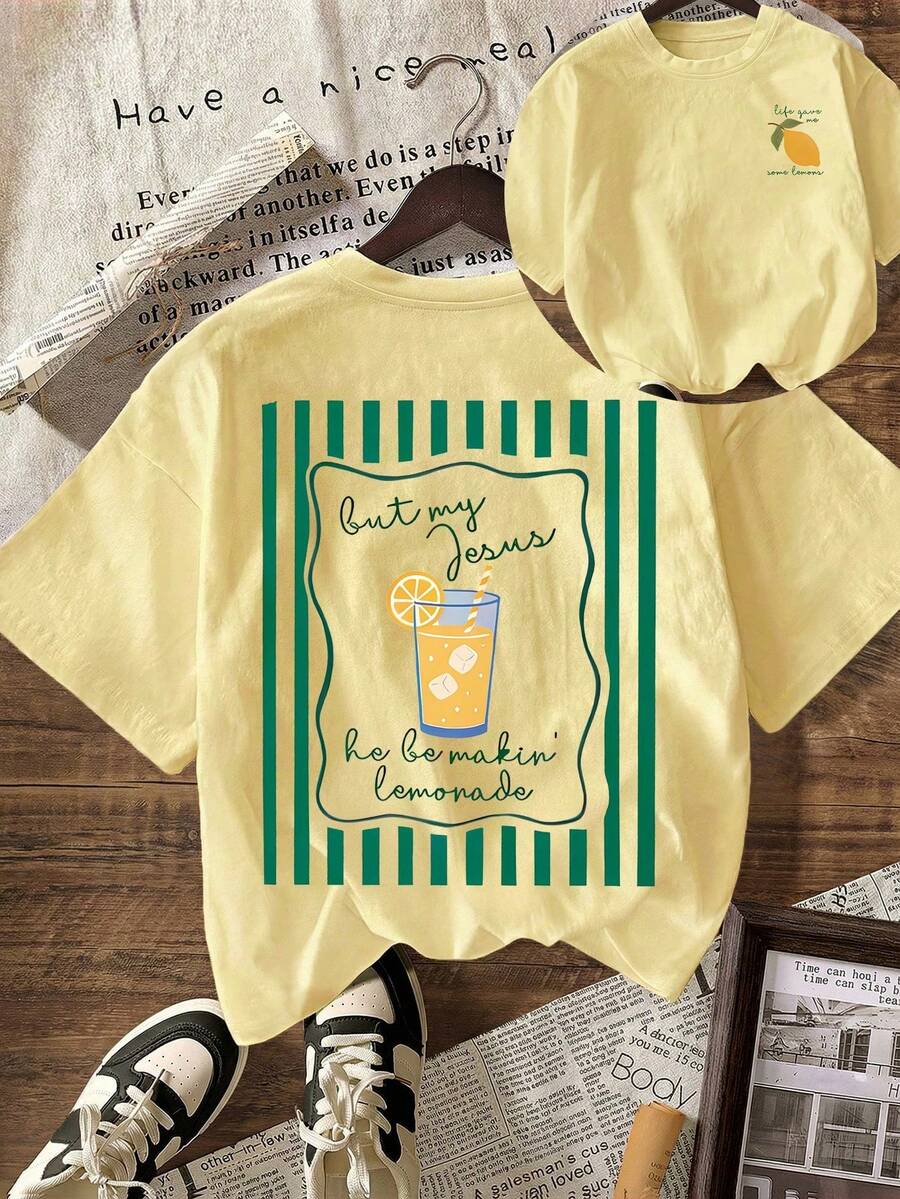 Lemonade 字母條紋印花春夏女款圖案 T 恤,女款休閒圓領短袖 T 恤 - 淡黃色 - 查看 1