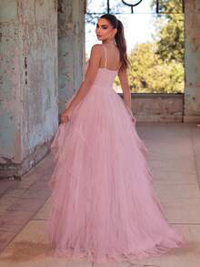 Faeriesty 优雅女士晚礼服，吊带设计，雪纺面料，层叠荷叶边A字裙摆，适合婚礼、盛大晚宴、化装舞会、正式晚宴、黑领结活动、毕业典礼、生日派对及其他春夏正式场合，粉色 - 粉色 - 查看 3