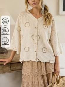 Áo khoác cardigan đi biển phong cách Boho màu trắng - Cổ chữ V, viền ren, kiểu kimono mùa hè cho kỳ nghỉ tại khu nghỉ dưỡng nhiệt đới. - Màu be - Xem 2