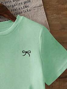 Short-Sleeved T-Shirt With Bow Print, Loose Fit, For Spring/Summer, For Casual Wear - Mint Green - View 5