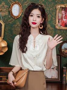 New Chinese Style Women's Bamboo Knot Jacquard Shirt, Stand Collar Tassel Frog Button Bell Sleeve Satin Blouse Summer - Apricot - View 3