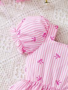 Young Girl Fashion Casual Striped Contrast Color Bow Print Elastic Cuff Short Sleeve Square Neck A-Line Skirt Dress, Daily Casual, Weekend Outings, School Daily Wear Summer Girls Dress - Pink - View 3