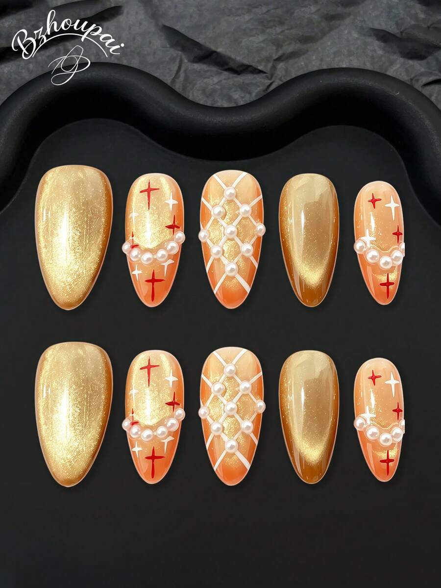 LIVENTO 10pcs Acrylic Handmade Press On Nails With Almond Shape, Featuring Champagne Cat Eye Effect And Delicate Pearl Accents. Handmade Press On Nails Perfect For Ladies Who Love Hand Painted Nails With Elegant Style. - 香檳色 - 查看 1