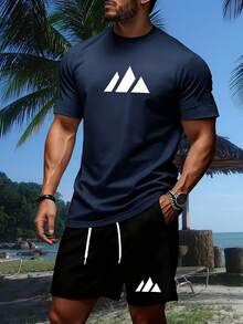 2026 Summer New Arrival Cotton Washed  Soft WashedMen'S Casual Sports Set| 2026  Short-Sleeved T-Shirt And Shorts With Geometric Print| Crew Neck, Slight Stretch Fabric, Perfect For Summer And Daily Wear  Men's Casual Outfit, Cotton Sportswear Set - 海軍藍 - 查看 1