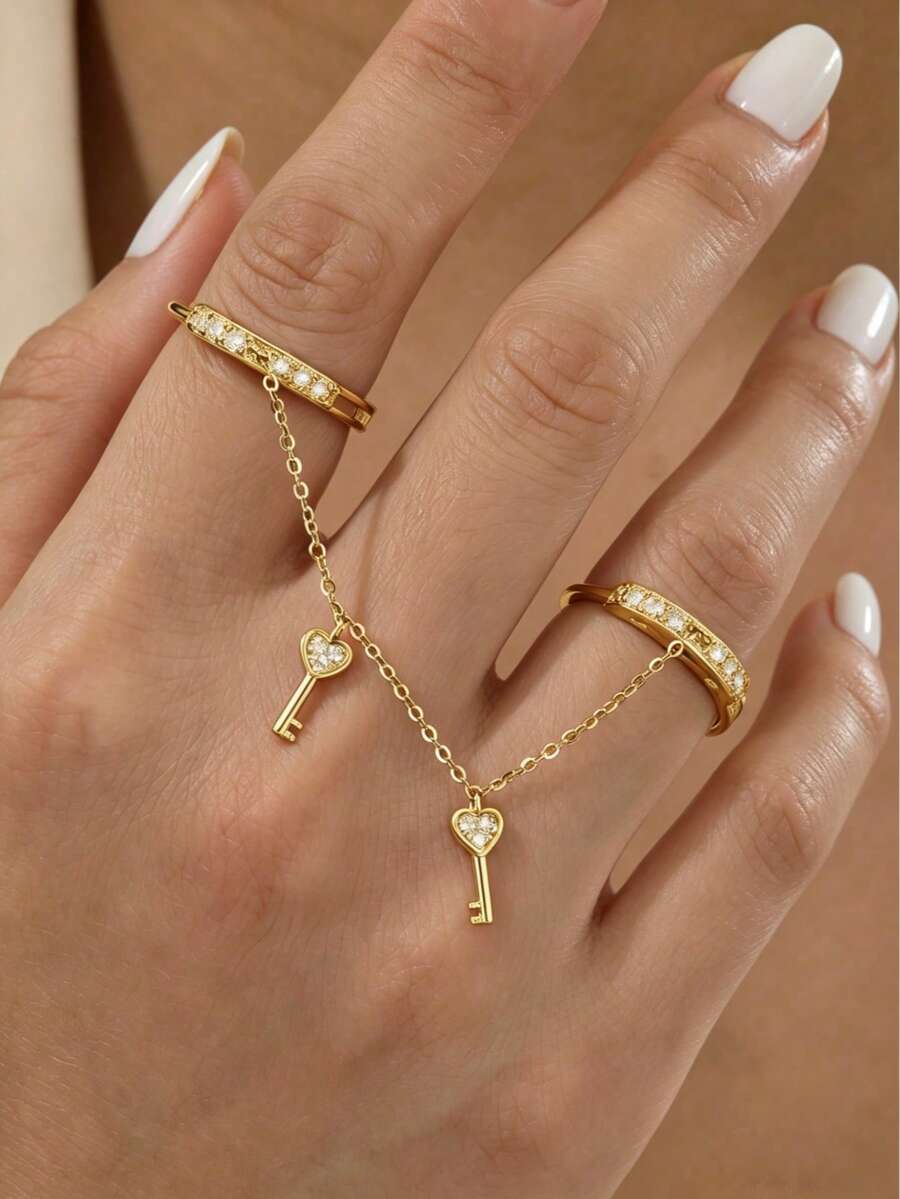1pc Luxury Sweet Style 18K Gold Plated Copper Heart Key Chain Linked Finger Ring, Suitable For Women's Daily Commute Wear - Gold - View 1