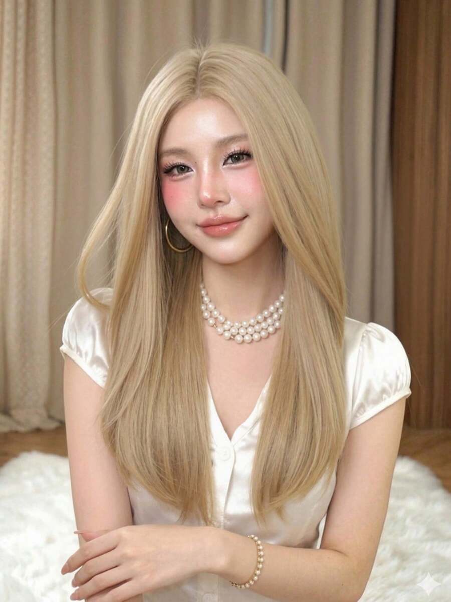 [TOPSHE LUMA] 亞麻金直髮假髮帶瀏海 22英吋長款 高溫耐熱彩色Cosplay合成纖維假髮 女款 適合假期與日常時尚造型 - 亞麻金 - 查看 1