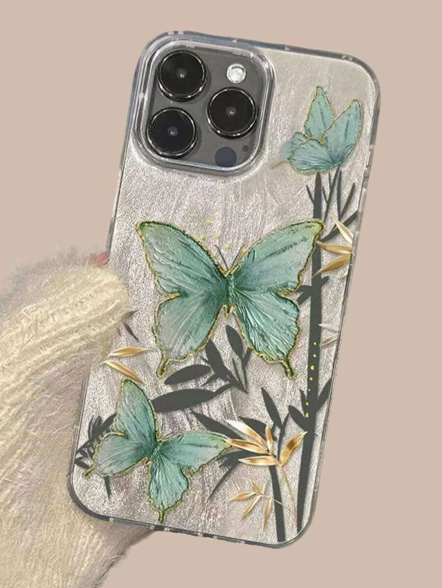 1件装油画绿色蝴蝶防摔全包手机壳保护套，适用于 11/12/13/14/15/16/17/PROMAX - 綠色 - 查看 1