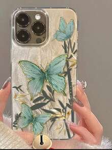 1件装油画绿色蝴蝶防摔全包手机壳保护套，适用于 11/12/13/14/15/16/17/PROMAX - 綠色 - 查看 2