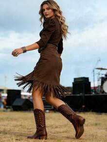 时尚西式女装百搭优雅纯色麂皮流苏迷你裙，休闲日常夏季穿着 - 巧克力棕 - 查看 3