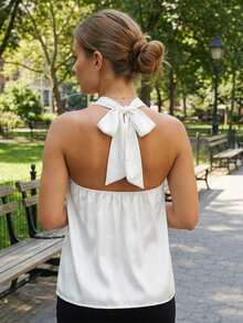 Womens Flowy Halter Tops Summer Fashionable Dot Print/Solid Color Backless Going Out Vest - Ivory White - View 5