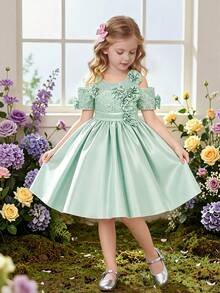 Young Girls' Round Neck Shoulder Cutout 3D Floral Trim Satin Elegant Piano Recital Formal Dress, Suitable For Weddings, Birthdays, Parties, Formal Occasions, Celebrations, Does Not Include Headband - Mint Green - View 1
