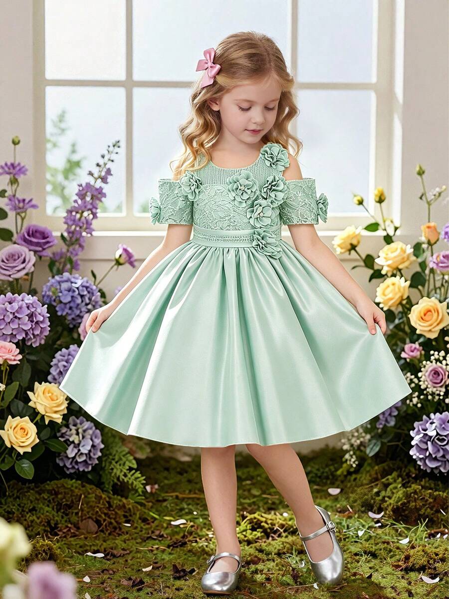 Young Girls' Round Neck Shoulder Cutout 3D Floral Trim Satin Elegant Piano Recital Formal Dress, Suitable For Weddings, Birthdays, Parties, Formal Occasions, Celebrations, Does Not Include Headband - Mint Green - View 1