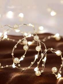 1pc Faux Pearl Wrapped Copper Wire LED Decorative Light String, Battery Powered, Indoor Desktop Decorative Light, Dance Party, Holiday Party, Anniversary, Proposal Wedding Decorative Light, Room Wall Decoration, Gift Decoration - Yellow - View 7