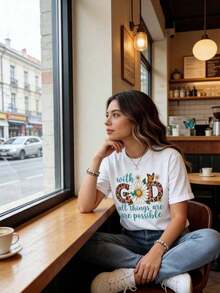 Con Dios Todas las cosas son posibles Camiseta con estampado floral de leopardo para mujer, con cita inspiradora cristiana, top lindo, camiseta casual blanca, tops de mujer - Blanco - Ver 5