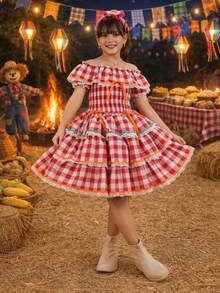 Children's And Teens' Country-Style Dress For June Festivals, Traditional Square Dances, Saint John's Day, Borboletinhas Kids - 紅色格子 - 查看 2